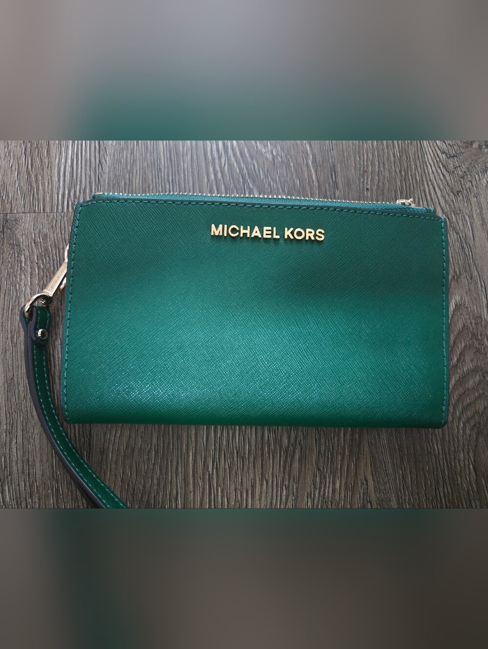 Michael Kors Green Saffiano Leather Wristlet with Gold Logo